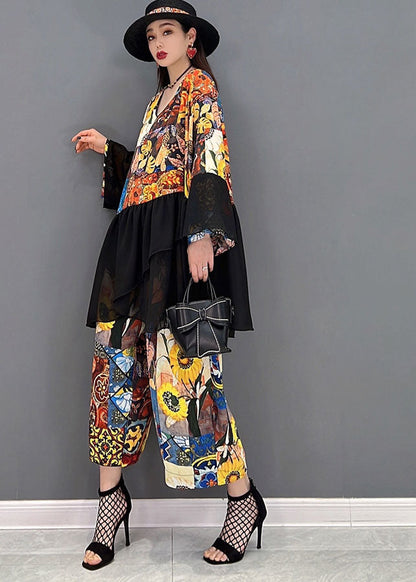 Colorblock Asymmetrical Print Tulle Patchwork Tops and Pants Two Piece Set Clothing Long Sleeve