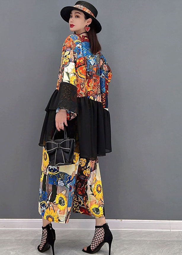 Colorblock Asymmetrical Print Tulle Patchwork Tops and Pants Two Piece Set Clothing Long Sleeve