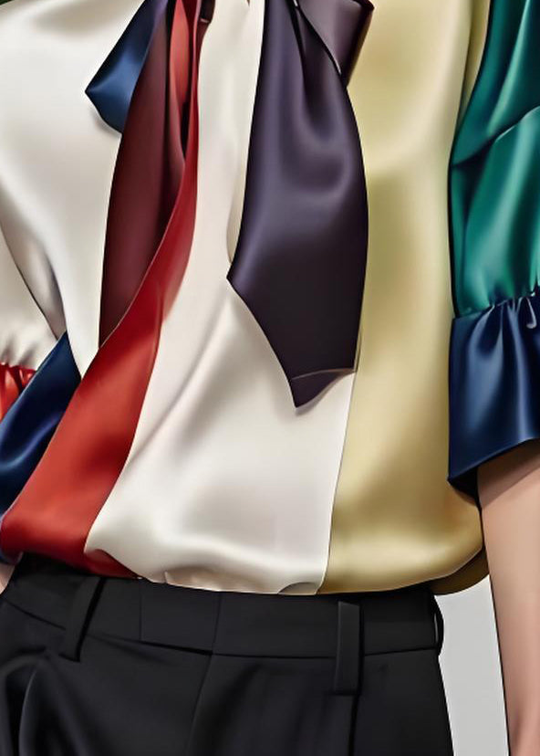 Colorblock Bow Patchwork Silk Shirts Summer