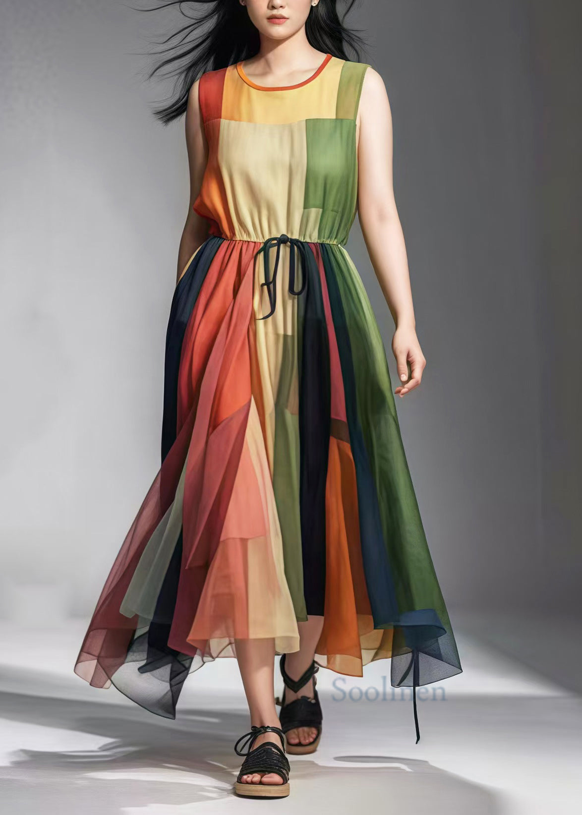 Colorblock Cinched Patchwork Tulle Sundress Sleeveless