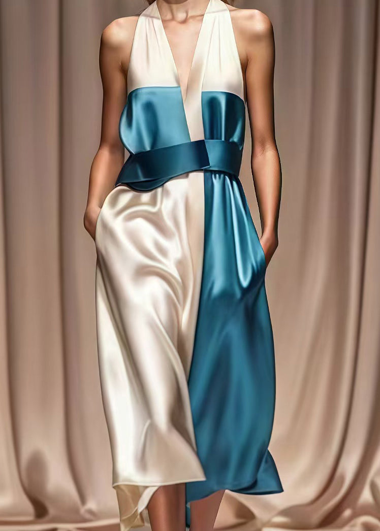 Colorblock Cold Shoulder Patchwork Silk Halter Dresses Summer