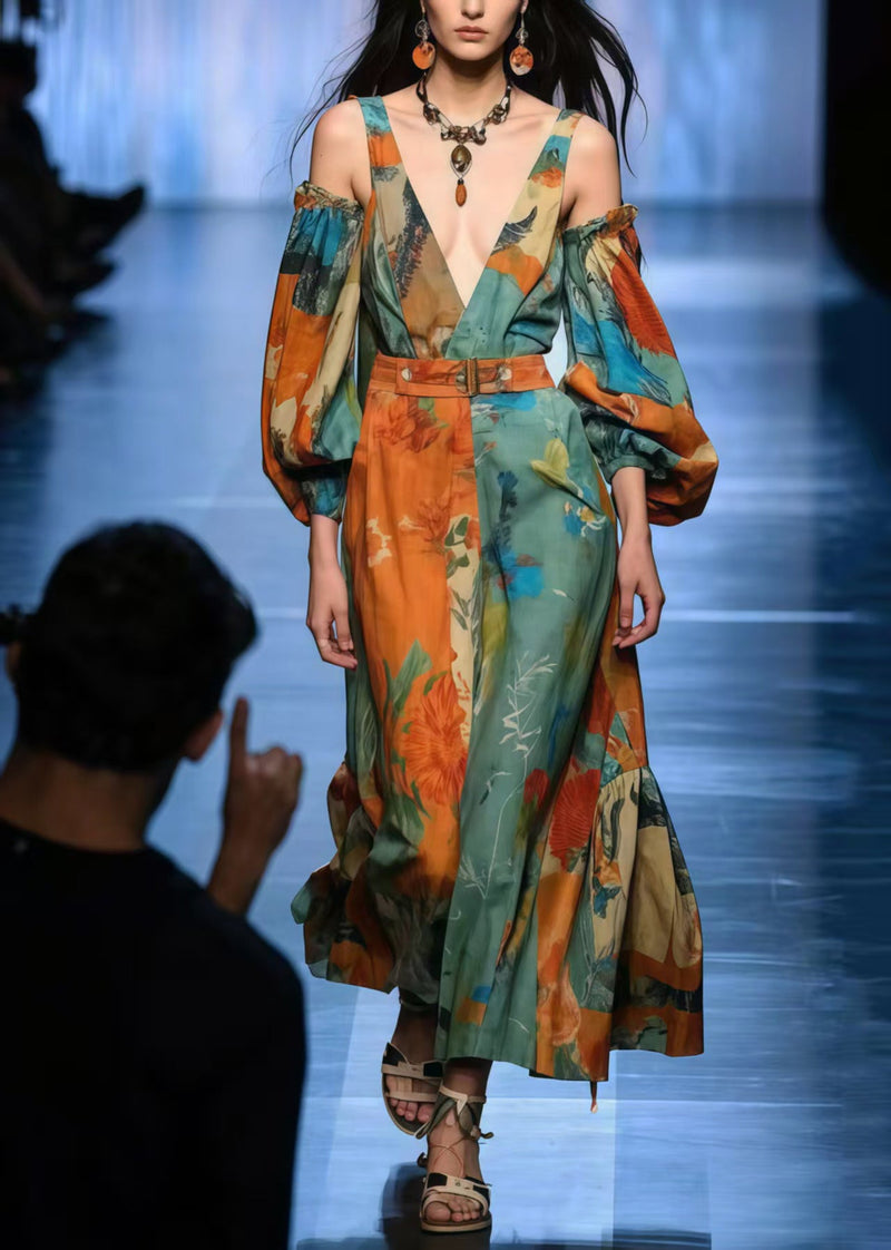 Colorblock Cold Shoulder Print Cotton Vacation Dresses Spring