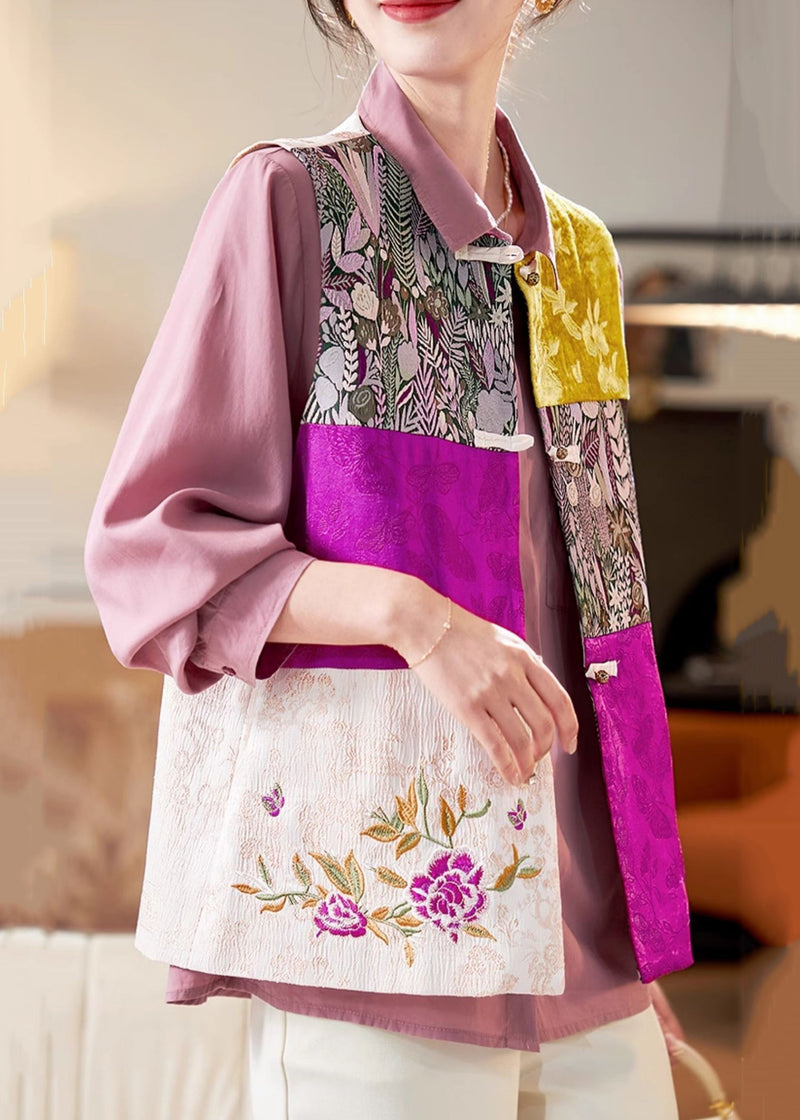 Colorblock Embroidered Button Silk Waistcoat Sleeveless