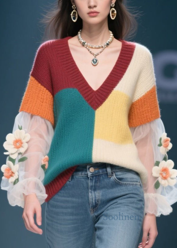 Colorblock Tulle Patchwork Knit Sweater Fall