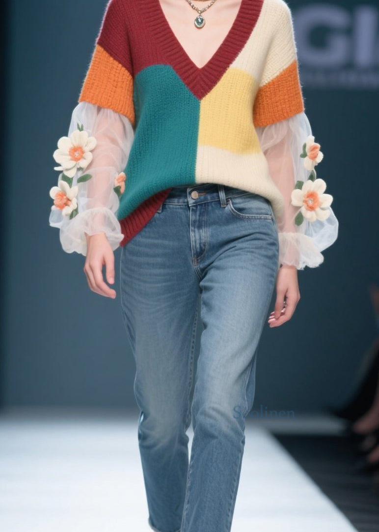Colorblock Tulle Patchwork Knit Sweater Fall