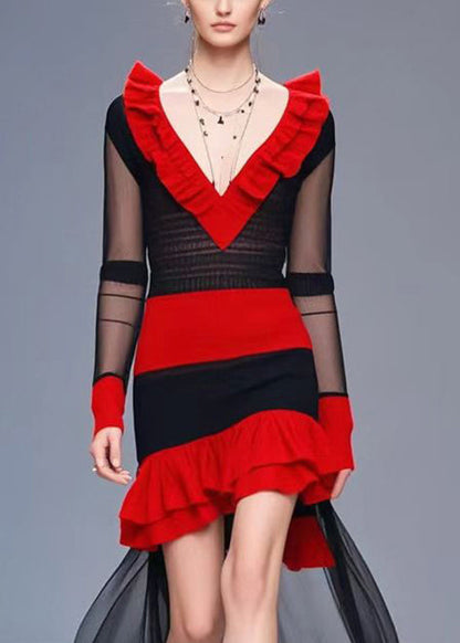 Colorblock Heart-shaped Neck Patchwork Tulle Knitted Dress Fall