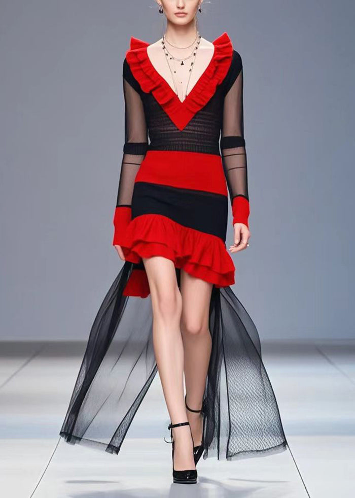 Colorblock Heart-shaped Neck Patchwork Tulle Knitted Dress Fall
