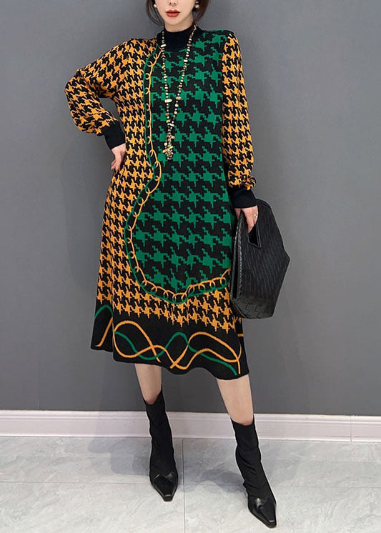 Colorblock Hign Neck Original Design Plaid Long Knit Dress Winter