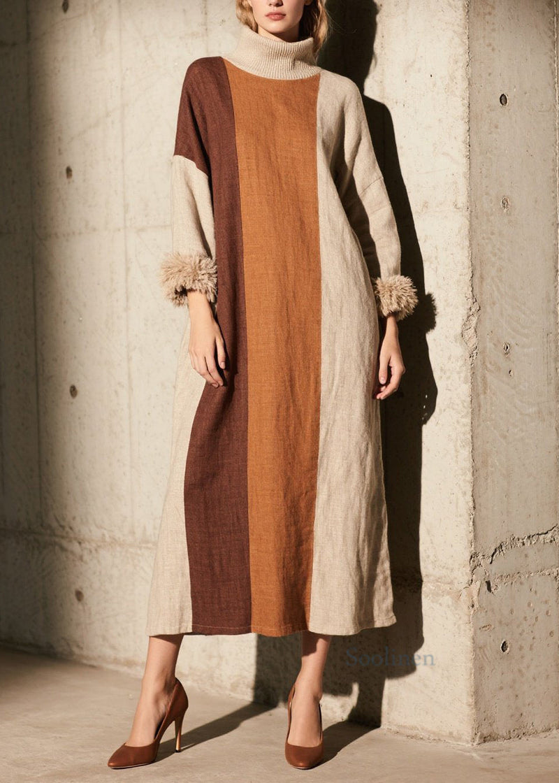 Colorblock Hign Neck Patchwork Cotton Dress Fall