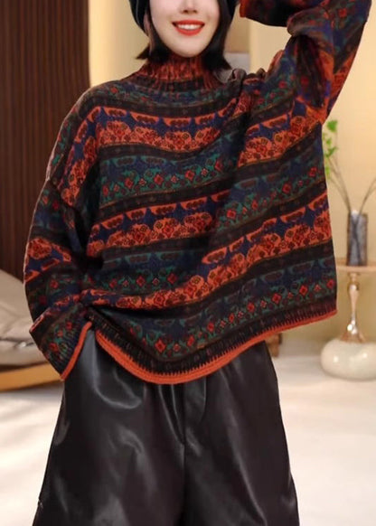 Colorblock Hign Neck Striped Knit Pullover Winter