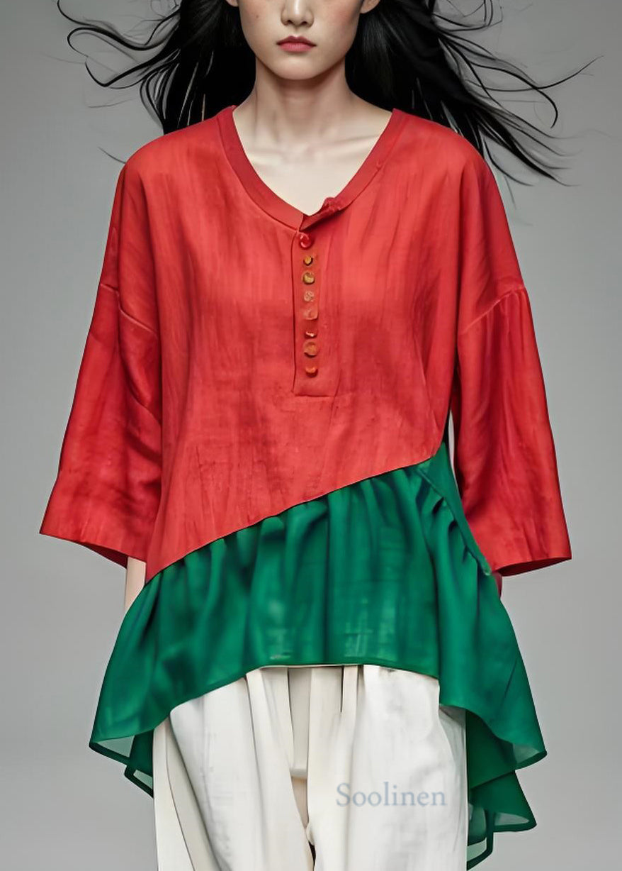Colorblock Low High Design Cotton Top Bracelet Sleeve
