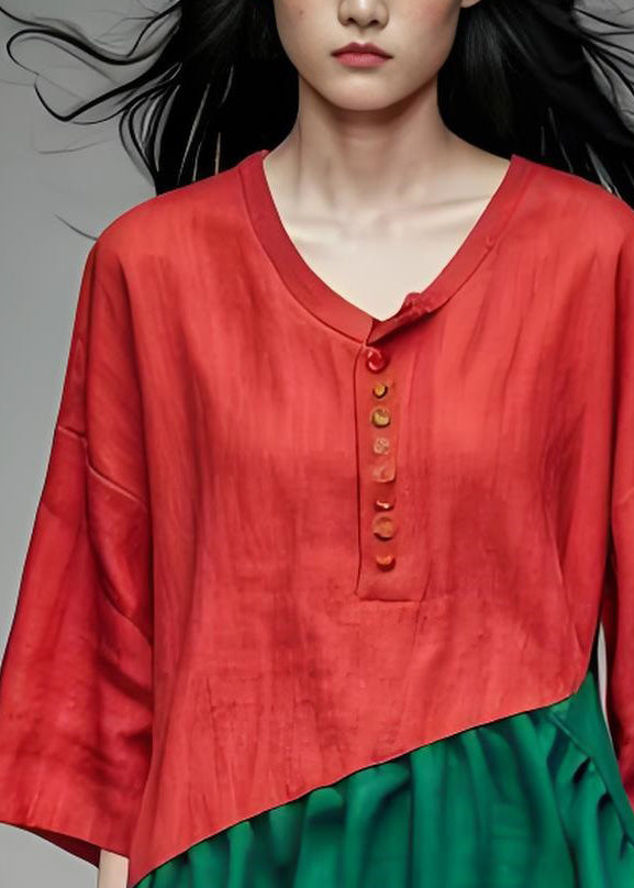 Colorblock Low High Design Cotton Top Bracelet Sleeve