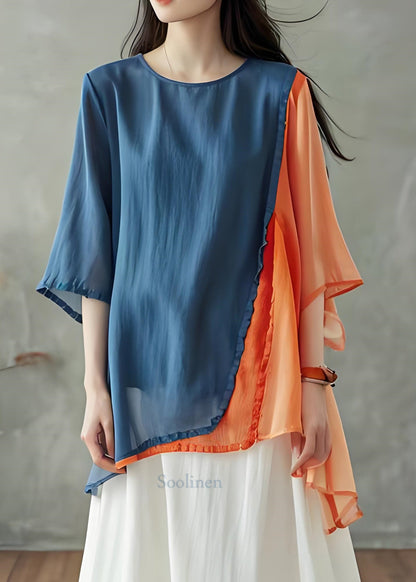 Colorblock O Neck Asymmetrical Design Cotton Top Summer