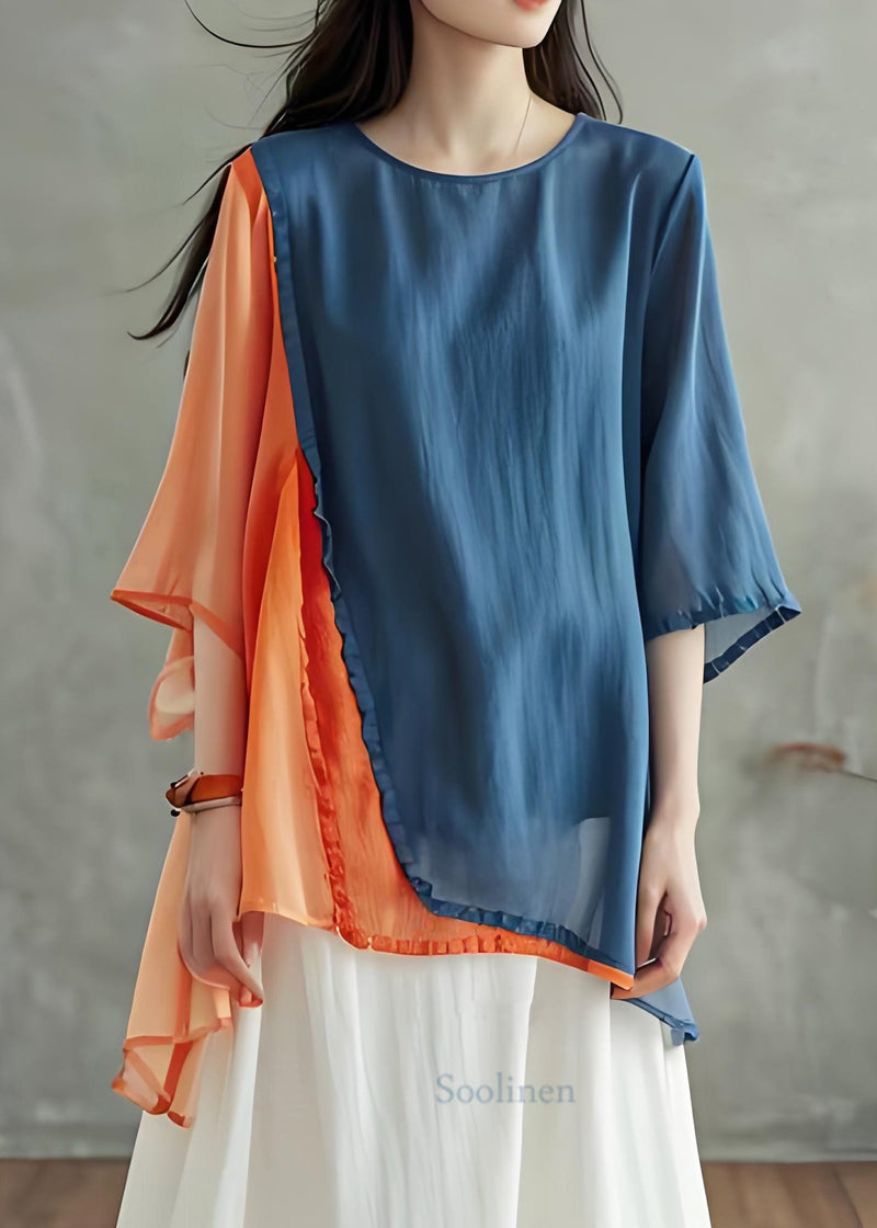 Colorblock O Neck Asymmetrical Design Cotton Top Summer