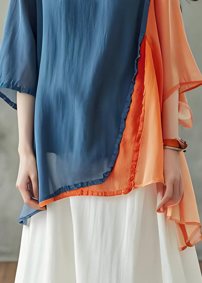 Colorblock O Neck Asymmetrical Design Cotton Top Summer