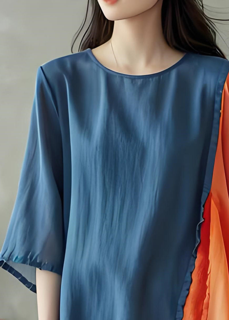 Colorblock O Neck Asymmetrical Design Cotton Top Summer