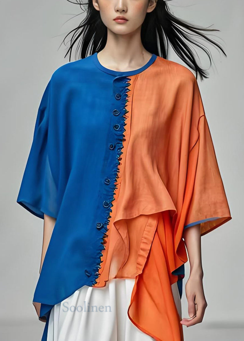 Colorblock O-neck Asymmetrical Patchwork Cotton Top Summer