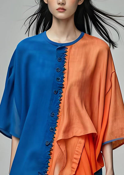 Colorblock O-neck Asymmetrical Patchwork Cotton Top Summer