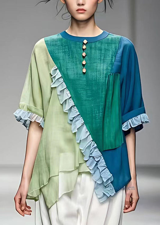 Colorblock O-neck Asymmetrical Ruffled Button Top Short Sleeve