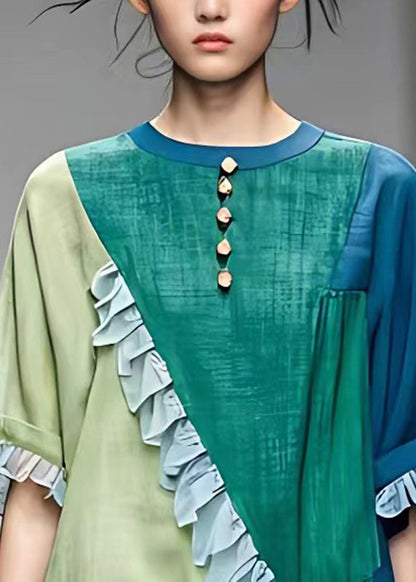Colorblock O-neck Asymmetrical Ruffled Button Top Short Sleeve