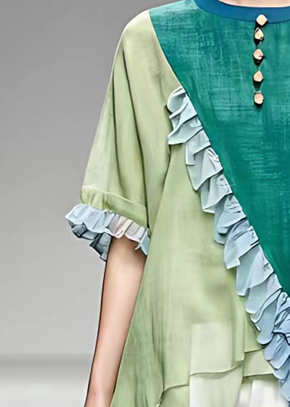 Colorblock O-neck Asymmetrical Ruffled Button Top Short Sleeve