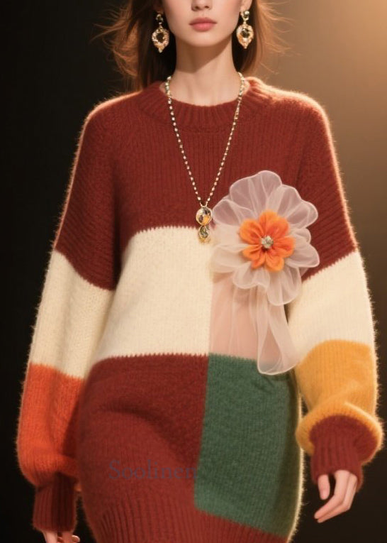 Colorblock O Neck Knit Dress Winter