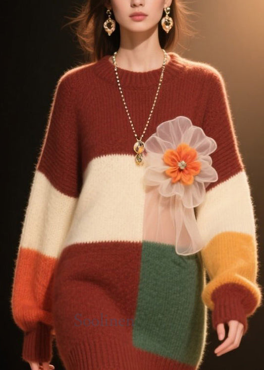 Colorblock O Neck Knit Dress Winter