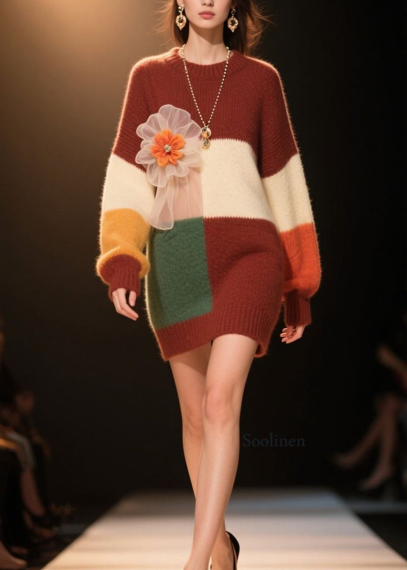 Colorblock O Neck Knit Dress Winter