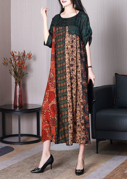 Colorblock O-neck Oversized Patchwork Silk Dresses Summer