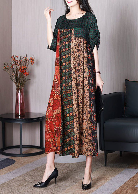 Colorblock O-neck Oversized Patchwork Silk Dresses Summer