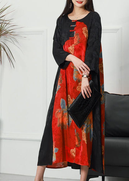 Colorblock O-neck Patchwork Chinese Button Jacquard Silk Long Dress Spring