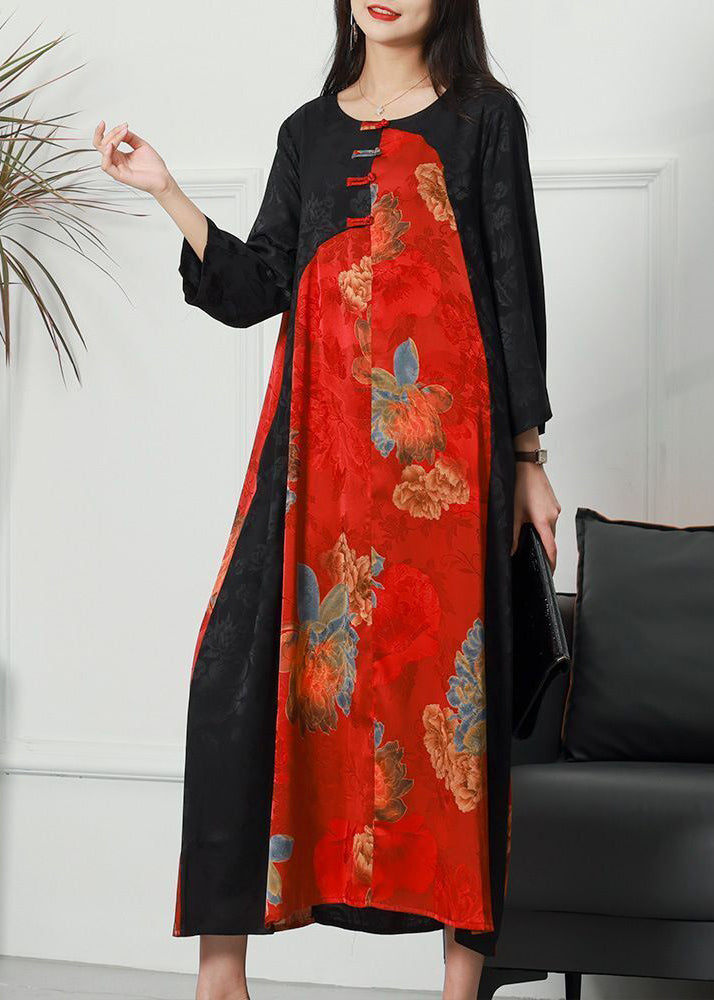 Colorblock O-neck Patchwork Chinese Button Jacquard Silk Long Dress Spring