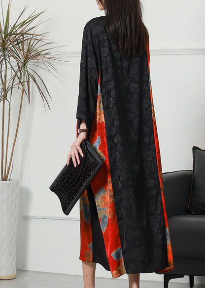 Colorblock O-neck Patchwork Chinese Button Jacquard Silk Long Dress Spring