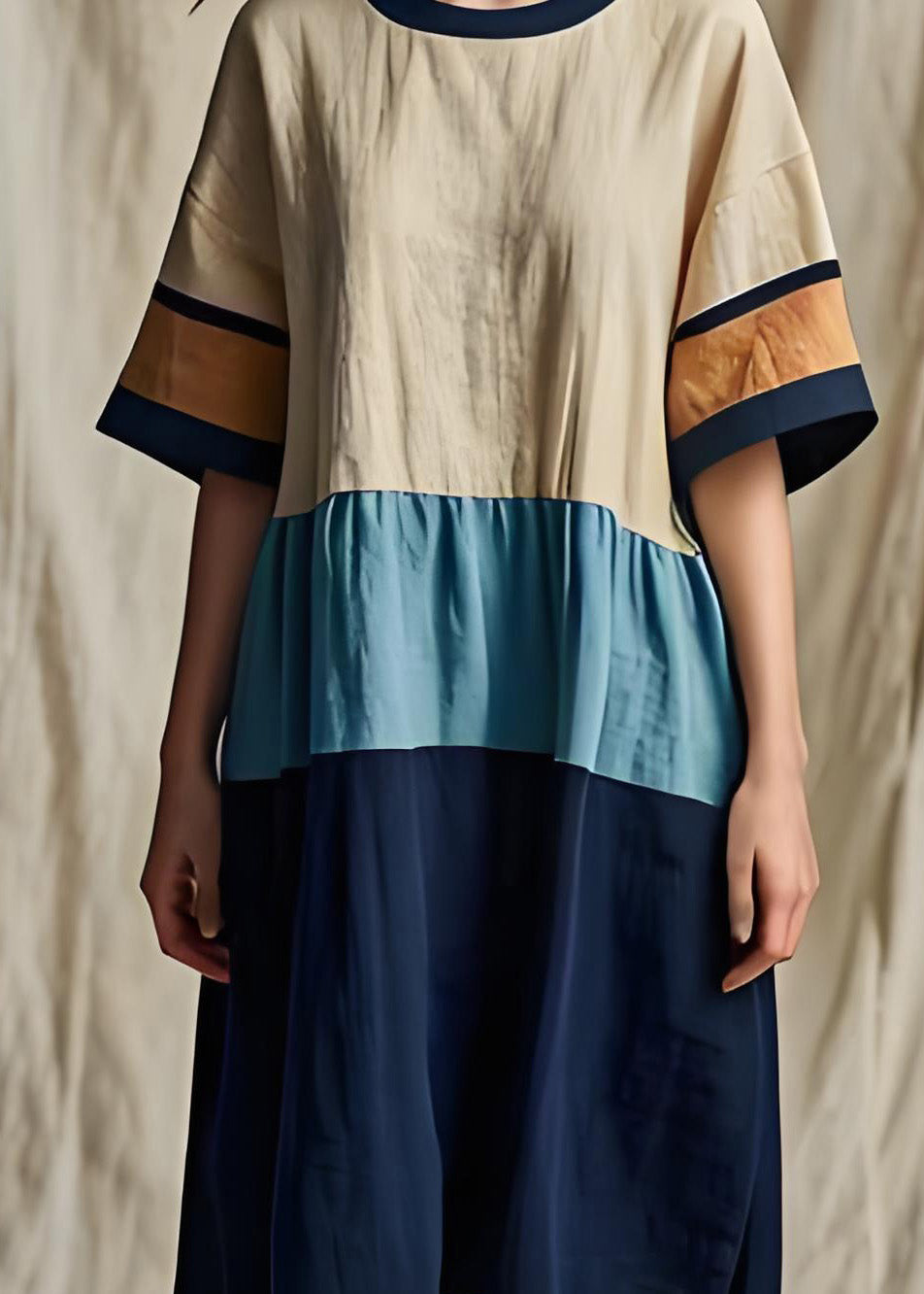 Colorblock O Neck Patchwork Cotton Dresses Summer
