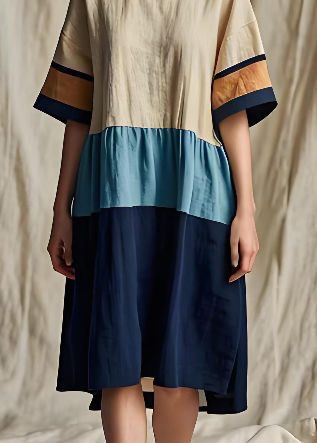 Colorblock O Neck Patchwork Cotton Dresses Summer