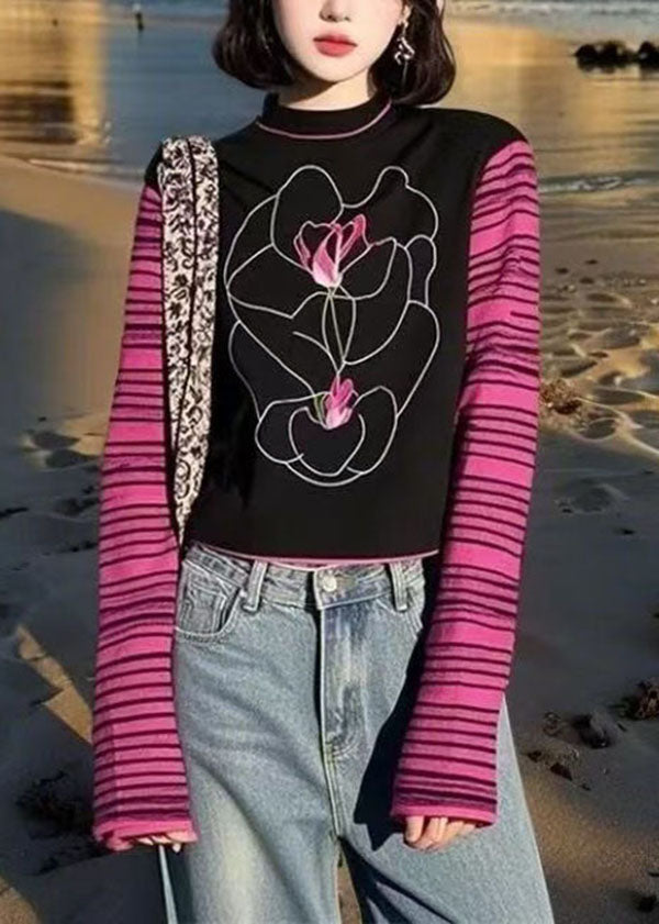 Colorblock O Neck Patchwork Cotton T Shirts Fall