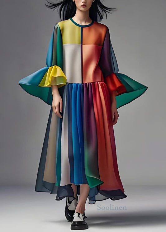 Colorblock O Neck Patchwork Loose Chiffon Dress Summer
