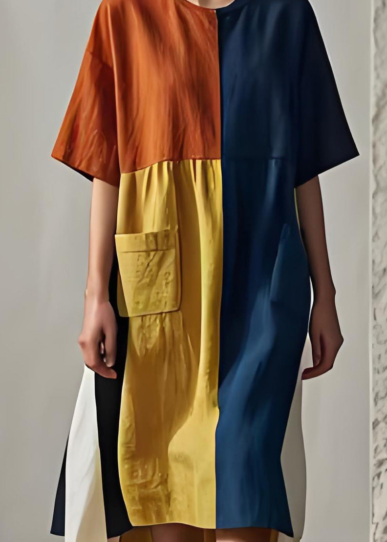 Colorblock O Neck Pockets Patchwork Cotton Dresses Summer