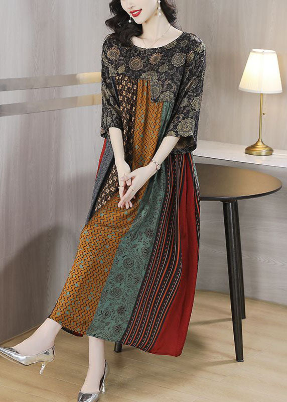 Colorblock O Neck Print Striped Patchwork Silk Dresses Summer
