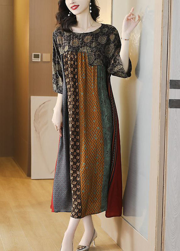Colorblock O Neck Print Striped Patchwork Silk Dresses Summer