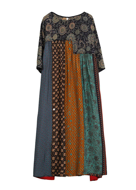 Colorblock O Neck Print Striped Patchwork Silk Dresses Summer