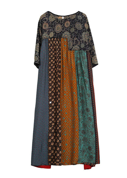 Colorblock O Neck Print Striped Patchwork Silk Dresses Summer