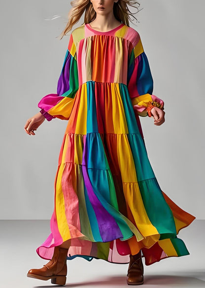 Colorblock O Neck Wrinkled Patchwork Cotton Dress Long Sleeve