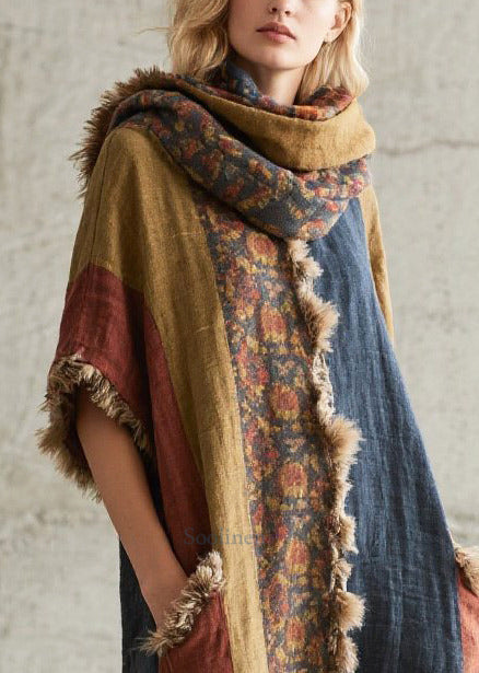 Colorblock Oversized Patchwork Faux Fur Maxi Dresses Half Sleeve