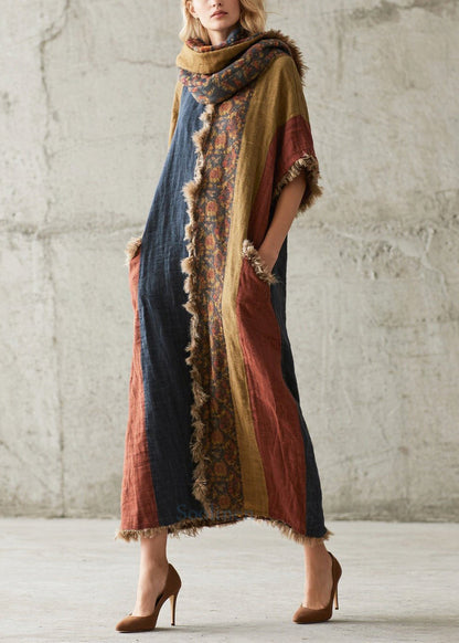 Colorblock Oversized Patchwork Faux Fur Maxi Dresses Half Sleeve