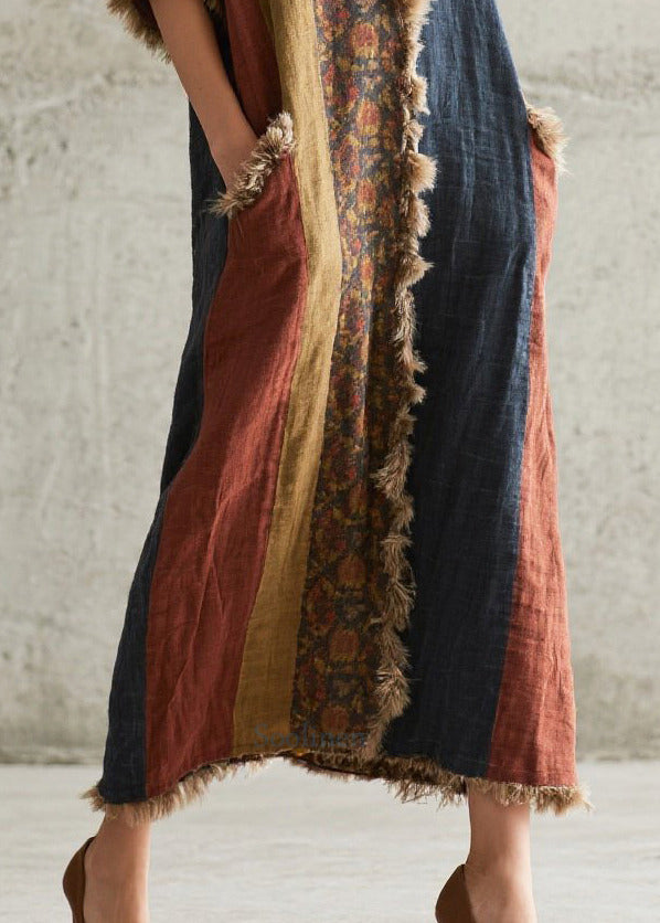 Colorblock Oversized Patchwork Faux Fur Maxi Dresses Half Sleeve