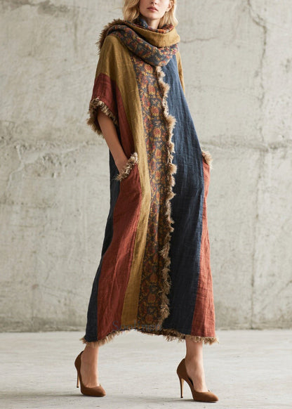 Colorblock Oversized Patchwork Faux Fur Maxi Dresses Half Sleeve