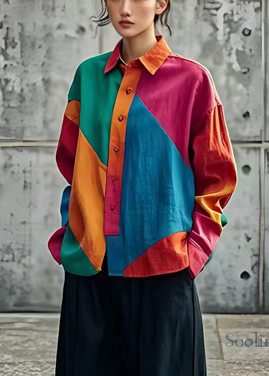 Women Colorblock Oversized Patchwork Linen Top Spring