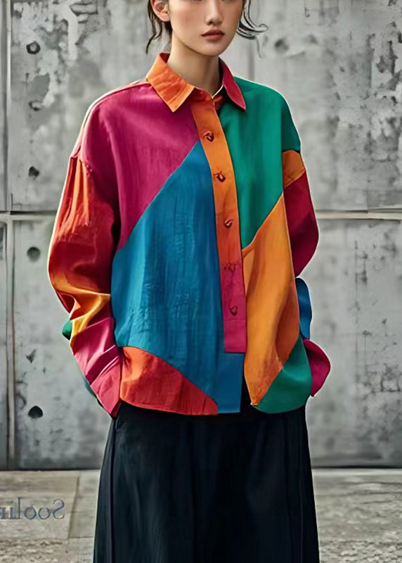 Colorblock Oversized Patchwork Linen Top Spring