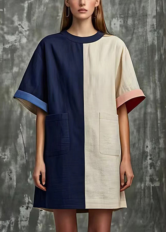 Colorblock Oversized Patchwork Pockets Linen Dress Summer